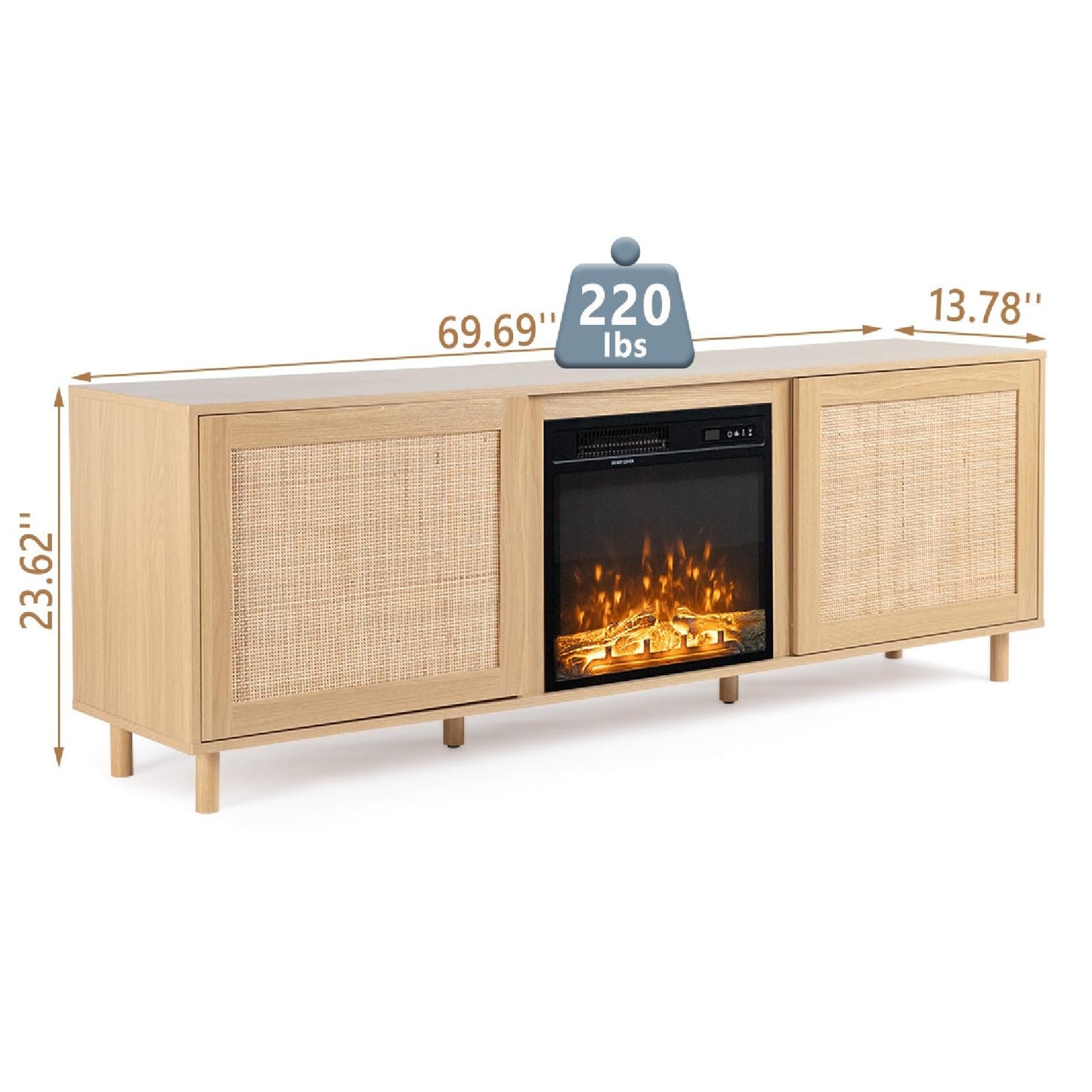 VINGLI Fireplace TV Stand for TVs Up to 75 inch, Rattan TV Stand with Electric Fireplace, Boho Modern Entertainment Center (70" x 24" x 14‘’, Oak, Comes in 2 Boxes)