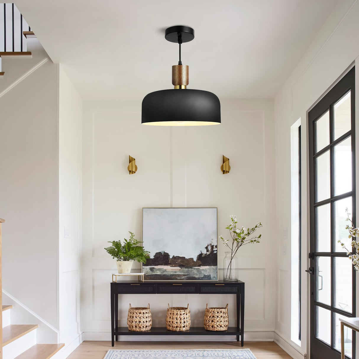 11.6" Modern Black Hanging Light,Large Pendant Light for Kitchen Island,Solid Wood with Hammered Shade,Adjustable Retro Dome Industrial Ceiling Lighting Fixture for Dining Room Hallway Entrance Eustace