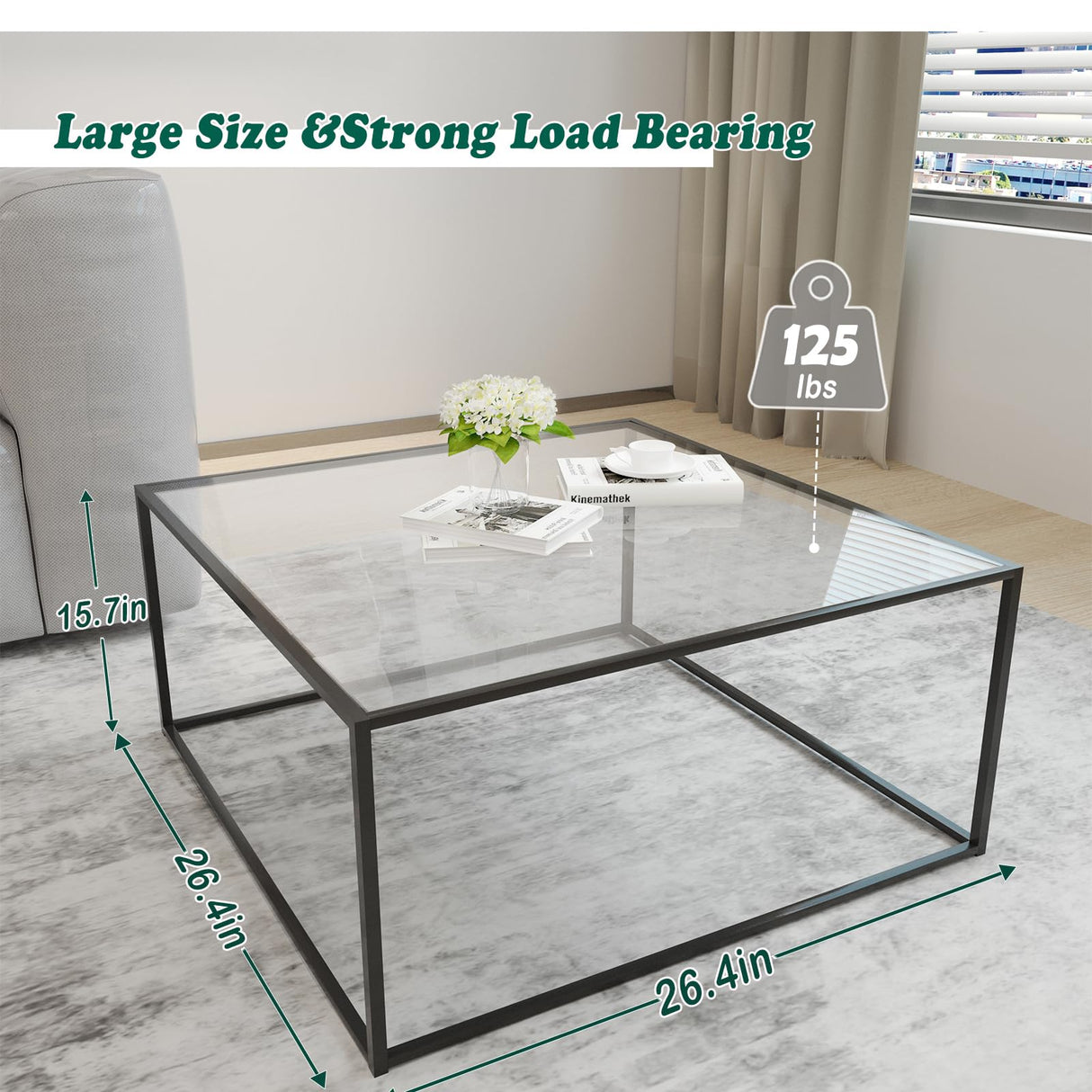 Glass Coffee Table Modern Center Table,Minimalist Coffee Table Sofa Side Tea Table for Living Room,Tempered Glass-top with Sturdy Metal Frame, Easy Assembly,26.4 x 26.4 x 15.7 Inches, Black Easy Paws