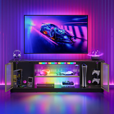 Bestier Gaming TV Stand with Music Sync Light, Flow Vibe Entertainment Center with Storage for PS5 Xbox, RGB LED Party Modes Television Stands for 50/55/60/65 inch TV (Black Marble, 57 inch) Bestier