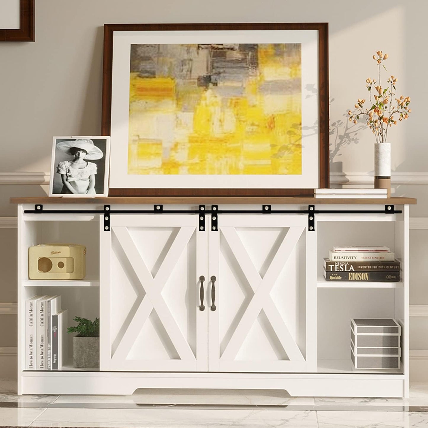 4 EVER WINNER White TV Stand for 65 Inch TV, 58" Farmhouse Entertainment Center with Sliding Barn Doors for Televisions up to 65+ Inch, TV Stand 65 Inch with Adjustable Shelf for Living Room