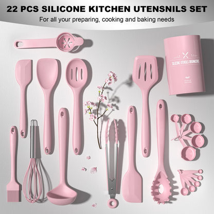 Umite Chef 22Pcs Silicone Cooking Utensils Set, Heat Resistant Silicone Kitchen Spatulas Set with Holder, Cooking Gadgets Tools Set for Nonstick Cookware, Dishwasher Safe(Pink)