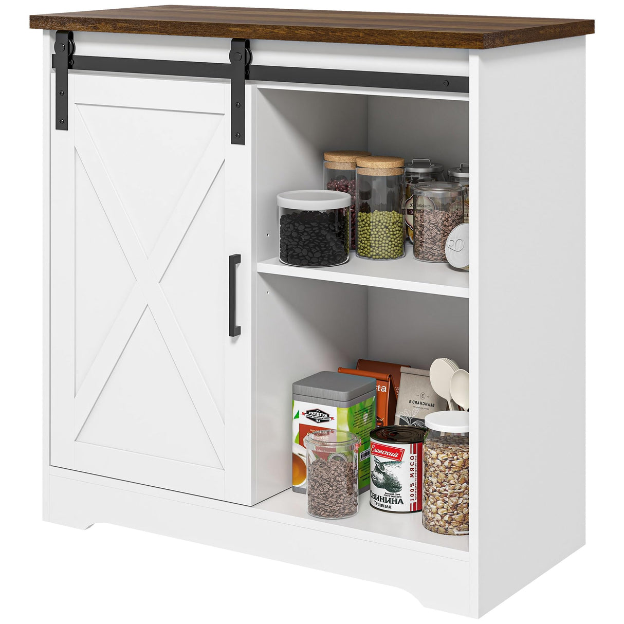 HOMCOM Farmhouse Coffee Bar Cabinet, 33" Buffet Sideboard with Sliding Barn Door and Adjustable Shelf, Kitchen Buffet Cabinet, White HOMCOM
