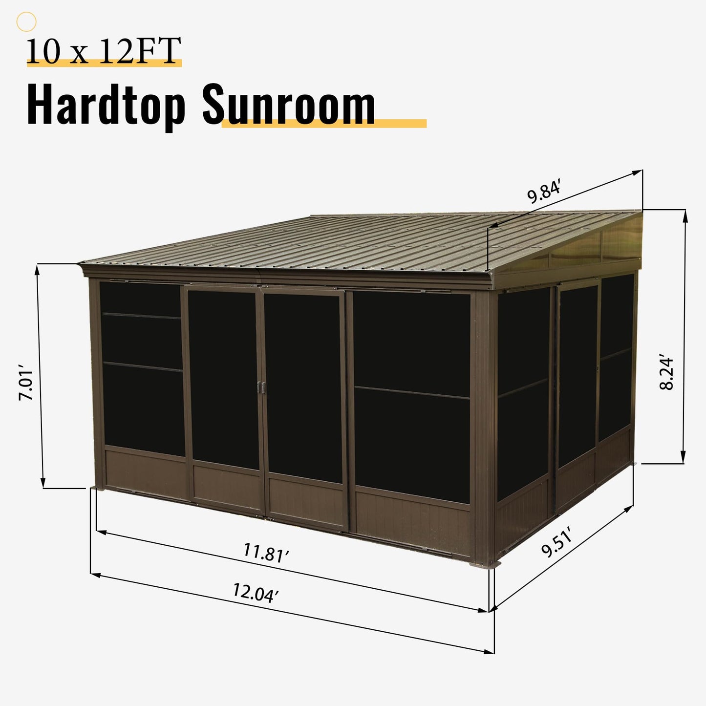 Domi 10x12FT Sunroom Gazebo,Solarium Aluminum Wall Mounted Gazebo with Galvanized Steel Sloping Roof,Lockable PC Screen House,with Front Door&Side Sliding Door,Lean to Gazebo for Patio Deck Lawn