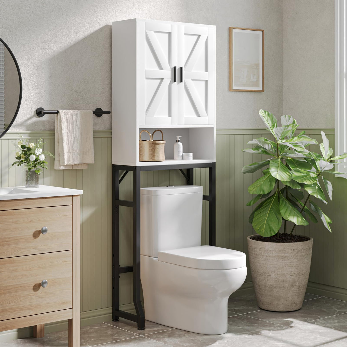 USHOWER Over The Toilet Storage Cabinet, Bathroom Organizers and Storage with Barn Doors, Thicken Metal Stand & MDF Wood Above Toilet Storage Cabinet, Freestanding Space Saver, White USHOWER