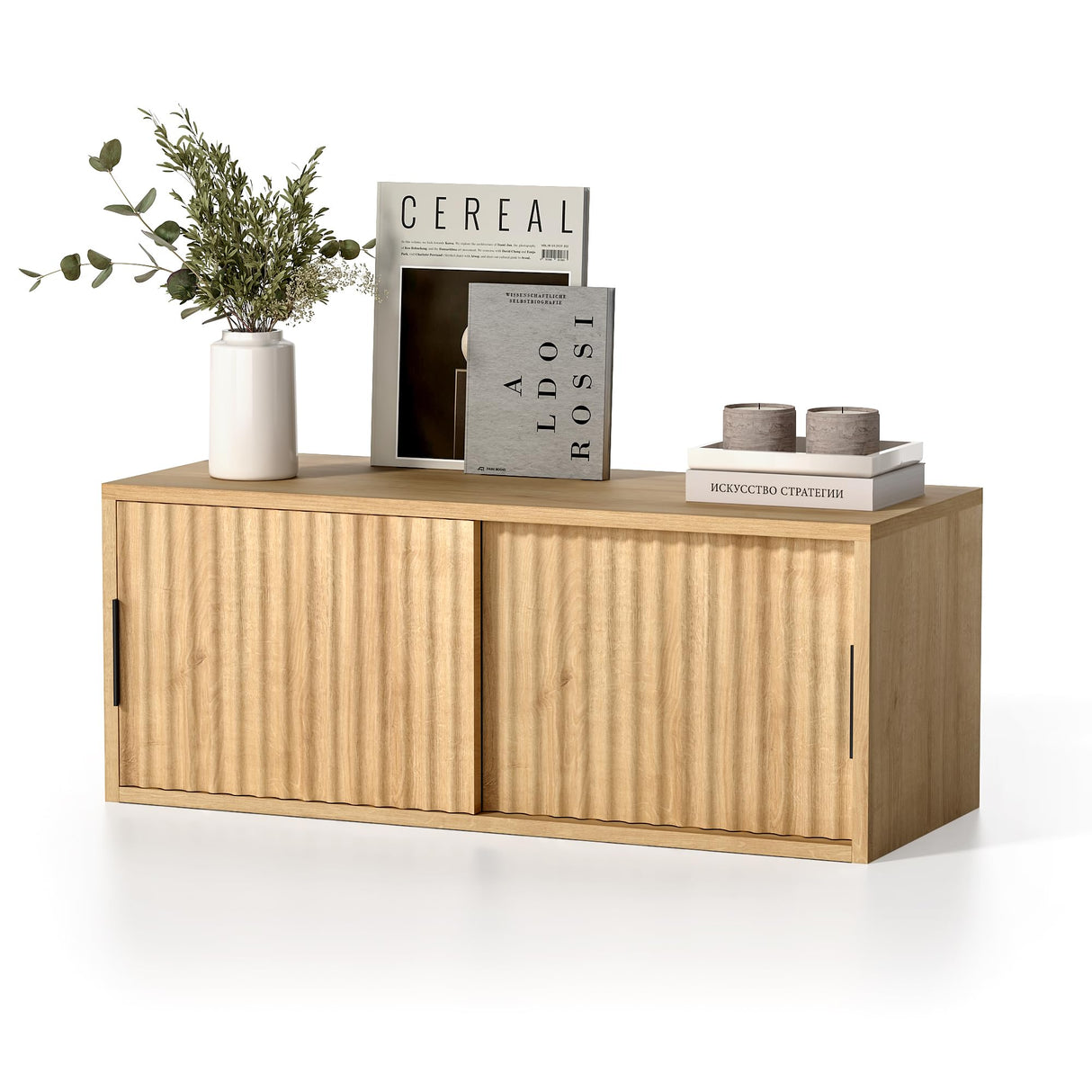 EYYTHUNG Floating TV Stands Set of 2, Modern Fluted Large Floating Nightstand Wall Mounted Bedside Cabinet with Sliding Doors for Bathroom, Living Room, Bedroom, Natural Oak EYYTHUNG