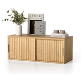 EYYTHUNG Floating TV Stands Set of 2, Modern Fluted Large Floating Nightstand Wall Mounted Bedside Cabinet with Sliding Doors for Bathroom, Living Room, Bedroom, Natural Oak EYYTHUNG