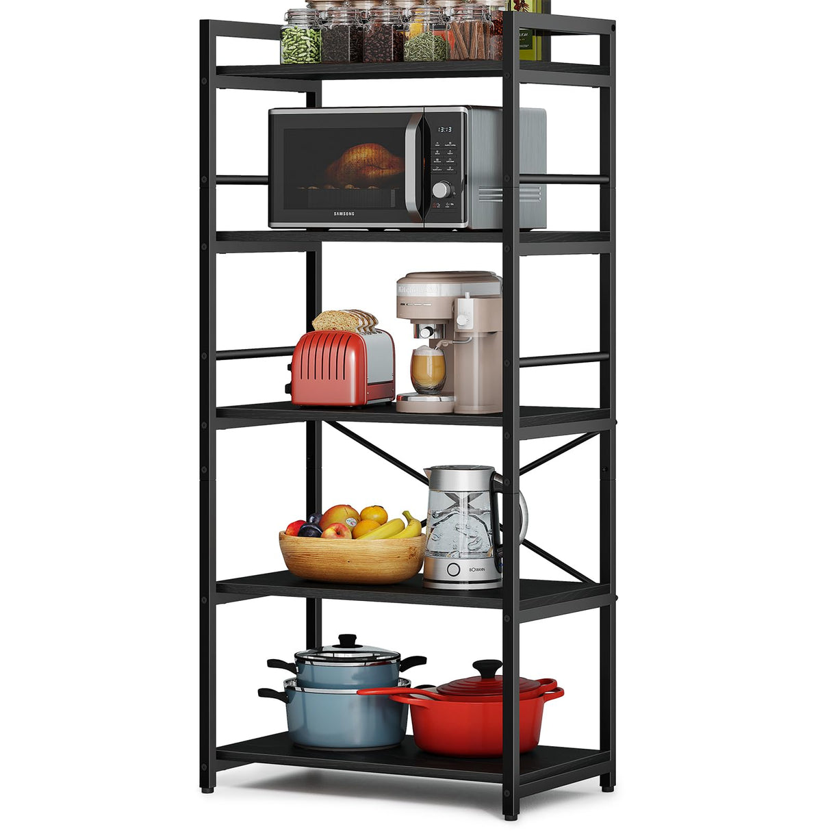 Denkee 5-Tier Bakers Rack for Kitchen with Storage, Industrial Microwave Stand Shelf, Coffee Bar for Small Spaces, Free Standing Kitchen Storage Shelf Rack, 23.62" L x 15.75" W x 60.24" H, Black Denkee