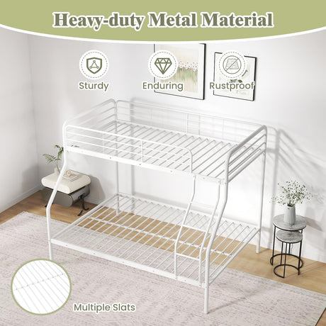KOMFOTT Twin Over Full Metal Bunk Bed, Heavy-Duty Bunk Bed with Inclined Ladder, Safety Guardrail, Metal Slats Support, Noise-Free Design, Space-Saving Bunk Bed Frame for Teens & Adults (White) KOMFOTT