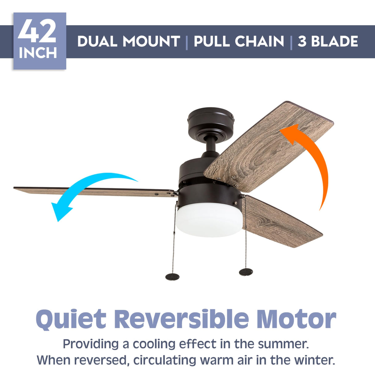 Prominence Home Reston, 42 Inch Modern Farmhouse LED Ceiling Fan with Light, Pull Chain, Dual Mounting Options, Dual Finish Blades, Reversible Motor - 51015-01 (Bronze) Prominence Home