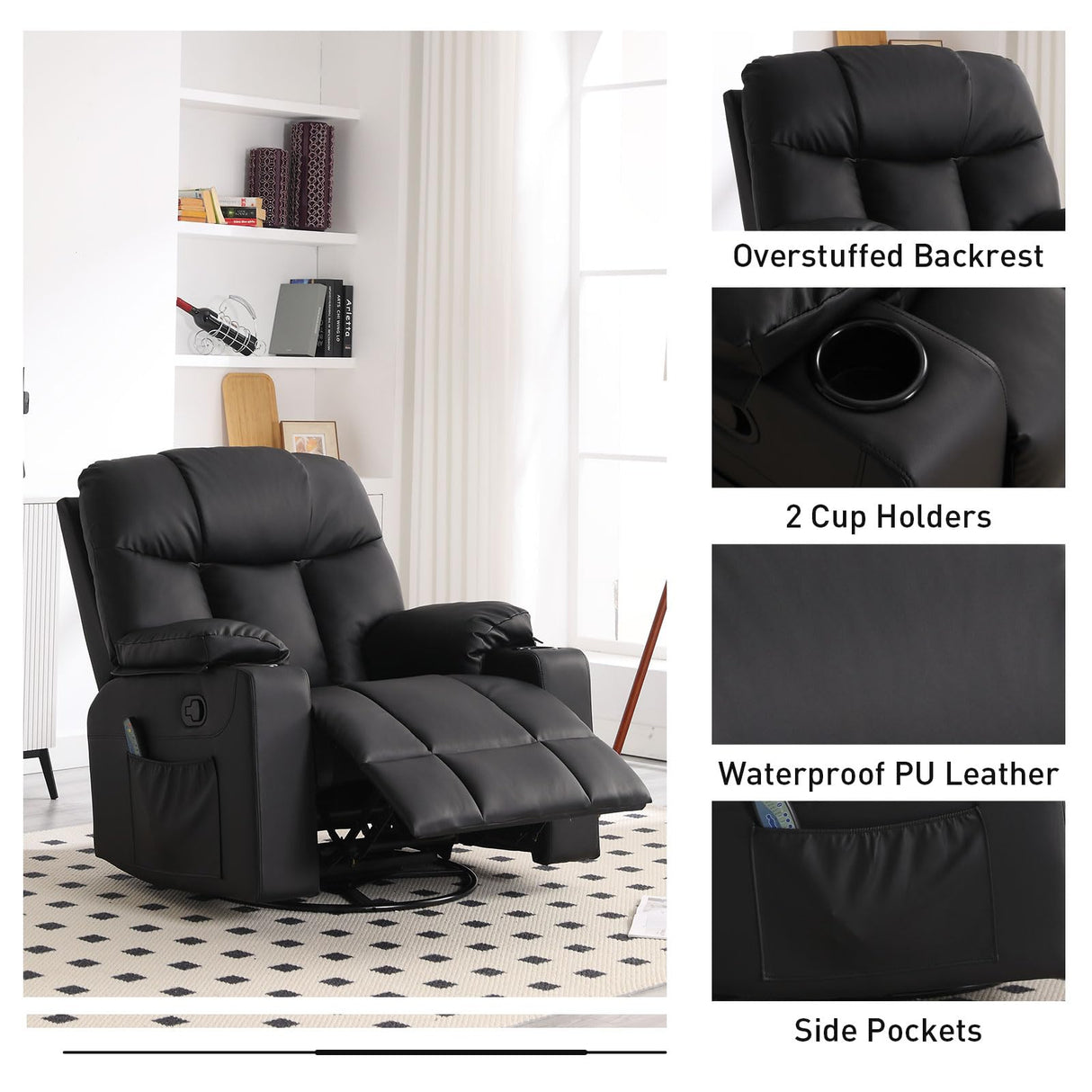 Bonzy Home Oversized Swivel Rocker Recliner, 40" Rocking Recliner Chair with Heated and Massage, PU Leather Single Sofa with Swivel Function, 2 Cup Holders for Living Room Bedroom, Black Bonzy Home