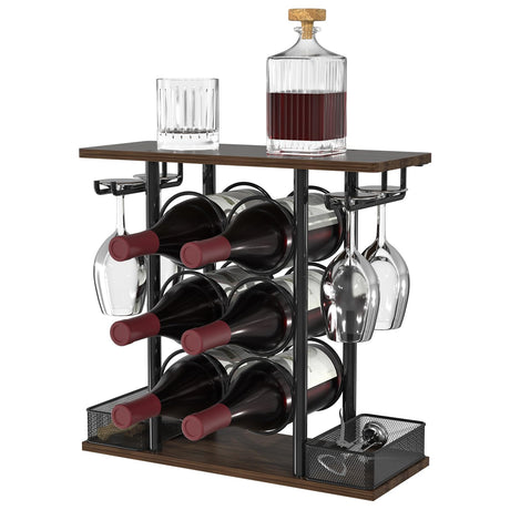 VyGrow Wine Rack, Sturdy Wine Holder, 3 Tier Wood & Metal Wine Racks Counertop, Easy Assembly Wine Bottle Holder for 6 Bottles and 4 Glasses for Home, 6.29" D x 16.14" W x 15.82" H VyGrow