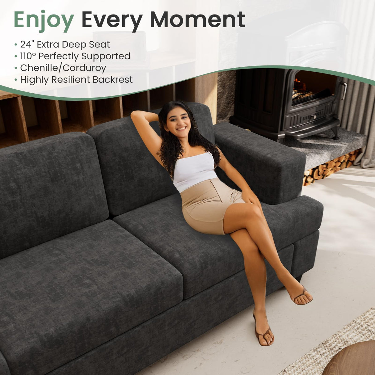 Fiona's magic 5 Seats Sofa Couch Set, 2 Piece Set Comfy Sofa Couch, 3 Seater & Loveseat Sofa with Deep Seats, Couch for Living Room, Modern Sleeper Couch, Black Chenille Fiona's magic