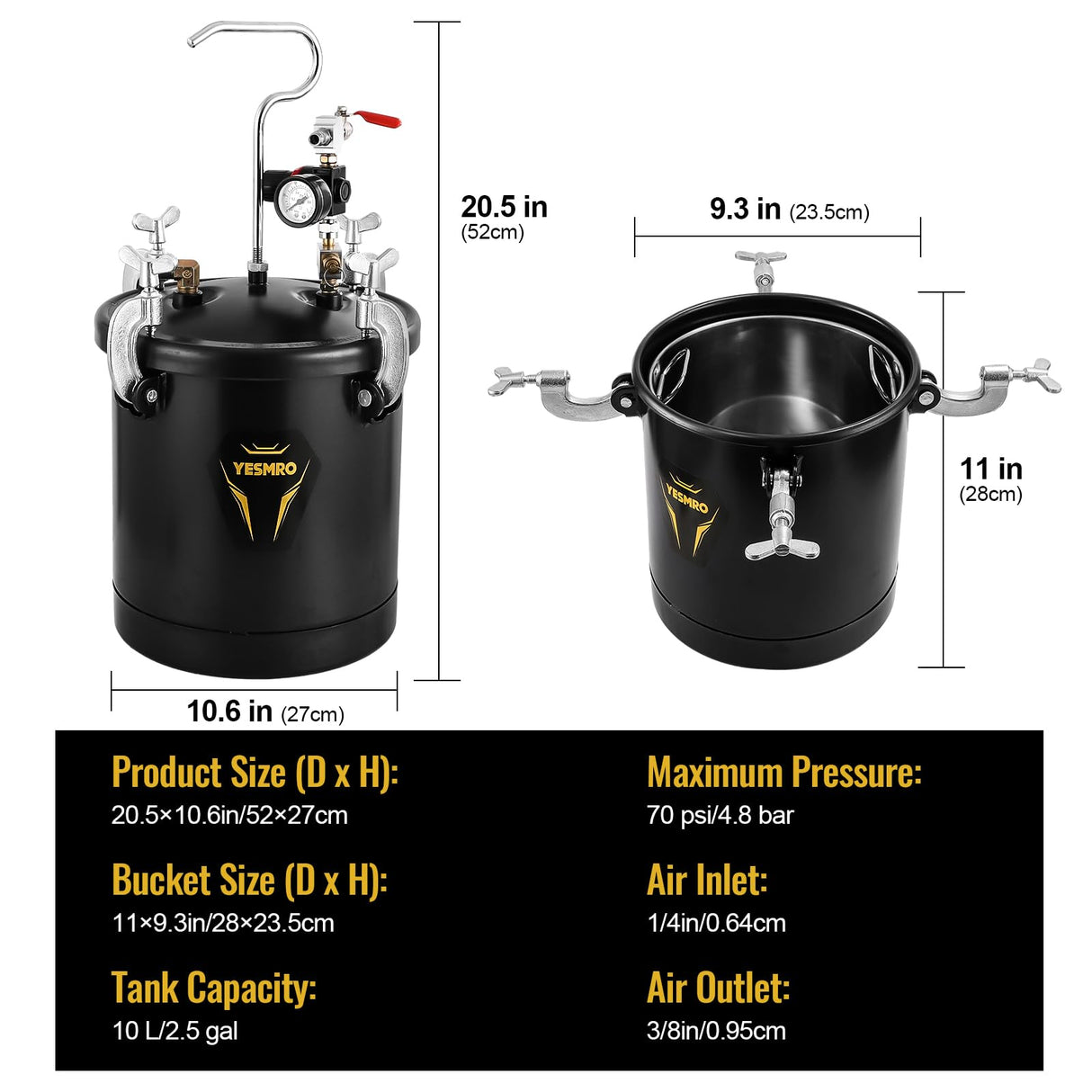 Paint Sprayer for Home Interior,10L Air Paint Pressure Pot Tank with Spray Gun Inner Pot Regulator Heavy Duty Hose for House Painting Cabinets Walls Cars Architecture Construction Automotive,70PSI Max YESMRO