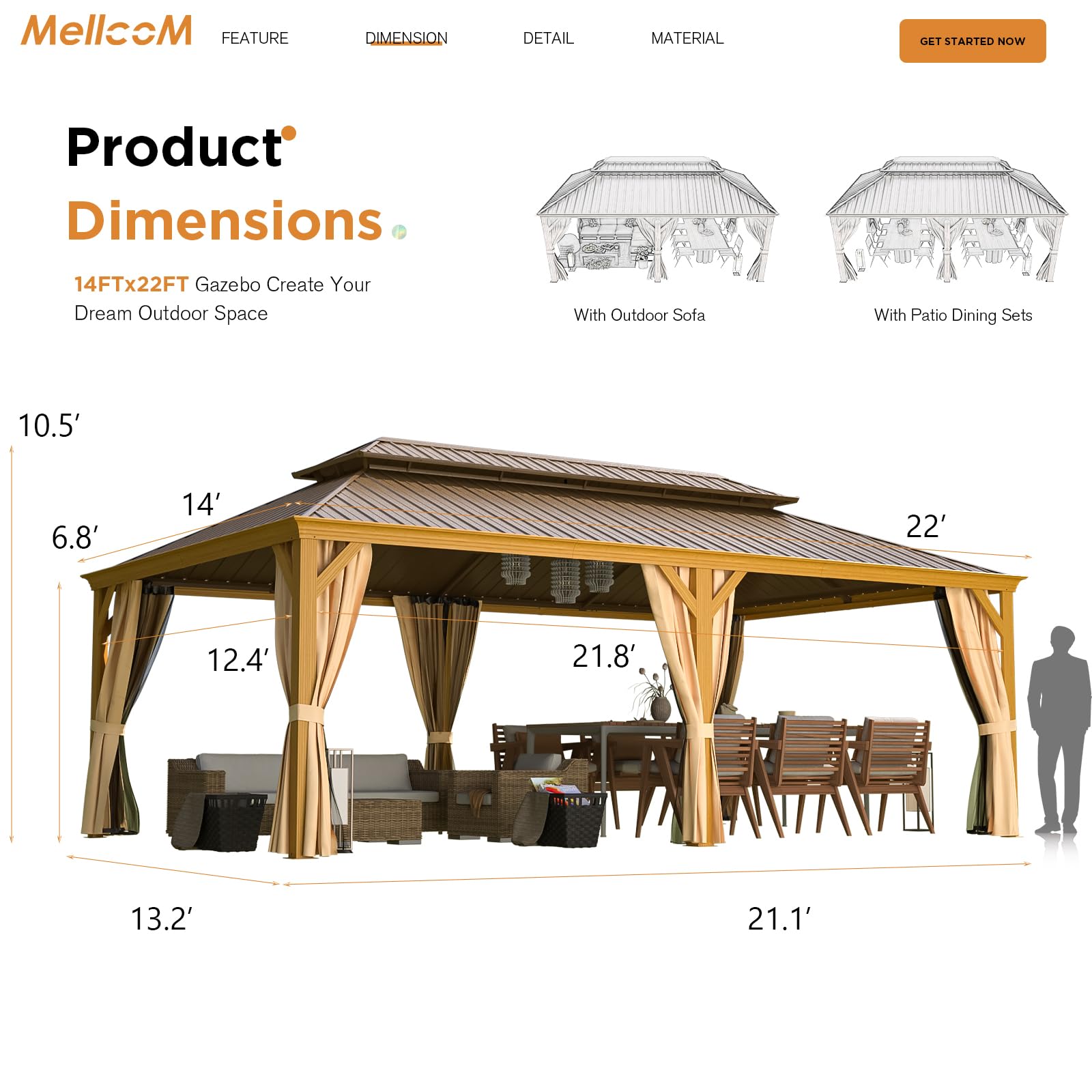 MELLCOM 14' x 22' Gazebo, Hardtop Gazebo Wood-Looking Gazebo with Galvanized Steel Double Roof, Aluminum Frame, Outdoor Patio Hardtop Gazebo with Netting and Curtains for Deck, Backyard, Pati - WoodArtSupply