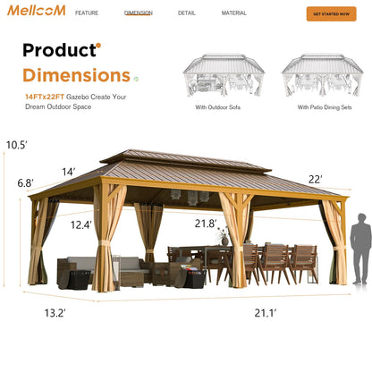 MELLCOM 14' x 22' Gazebo, Hardtop Gazebo Wood-Looking Gazebo with Galvanized Steel Double Roof, Aluminum Frame, Outdoor Patio Hardtop Gazebo with Netting and Curtains for Deck, Backyard, Pati - WoodArtSupply