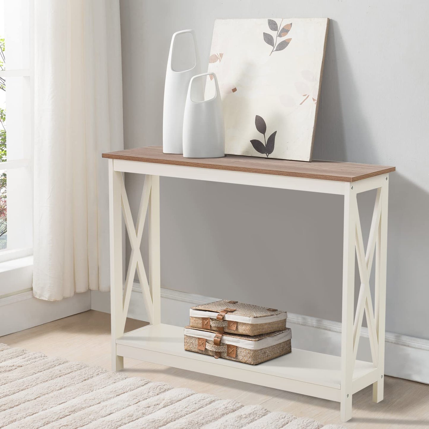 Sophia & William Console Table with Storage Shelf, 2 Tier Farmhouse Sofa Table for Entryway, Hallway, Living Room, Ivory+Oak