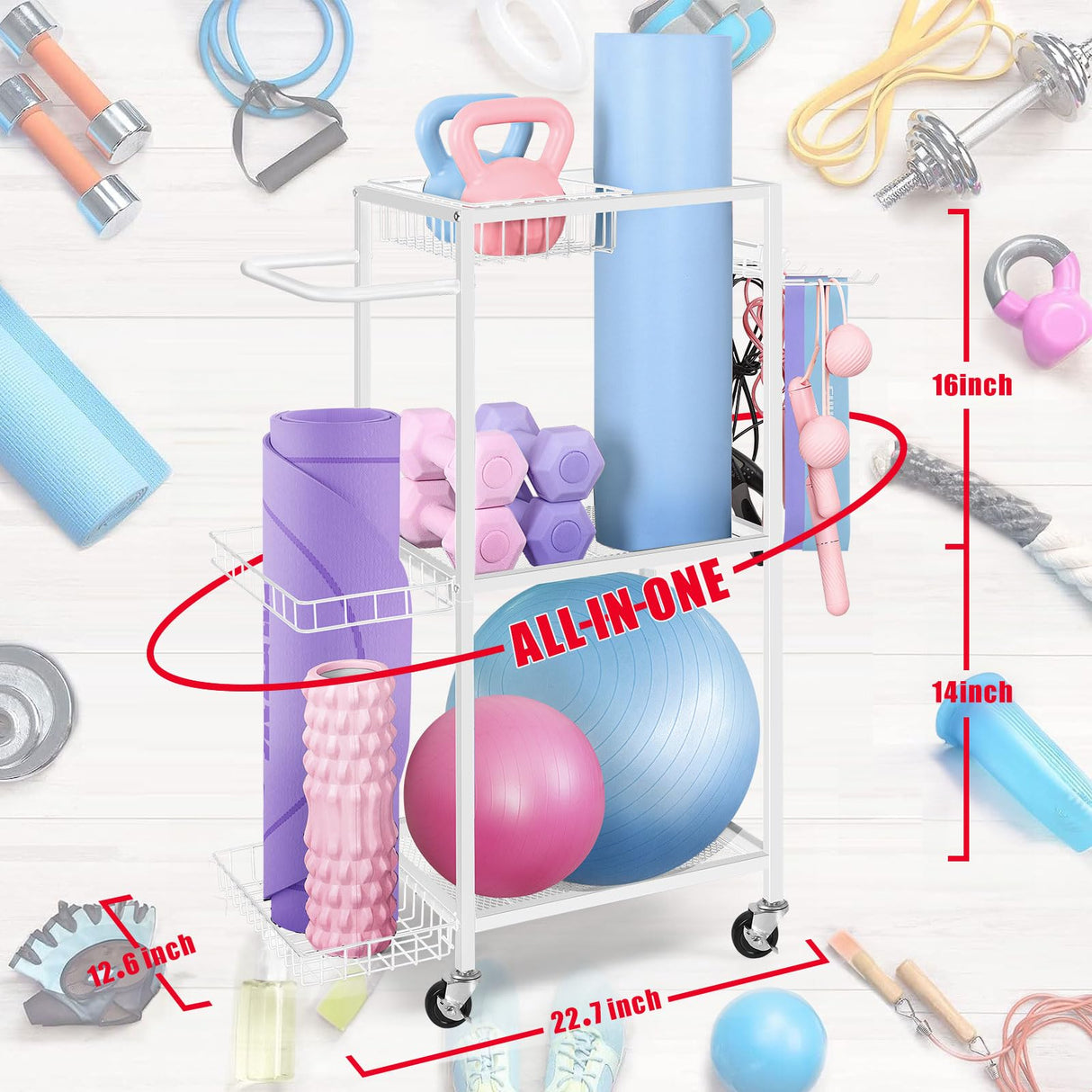 LIANTRAL Yoga Mat Storage Rack - Metal Gym Organizer for Yoga Mats, Foam Rollers & Fitness Equipment, Space Saving Workout Equipment Storage Rack for Home Exercise and Fitness Gear, White LIANTRAL