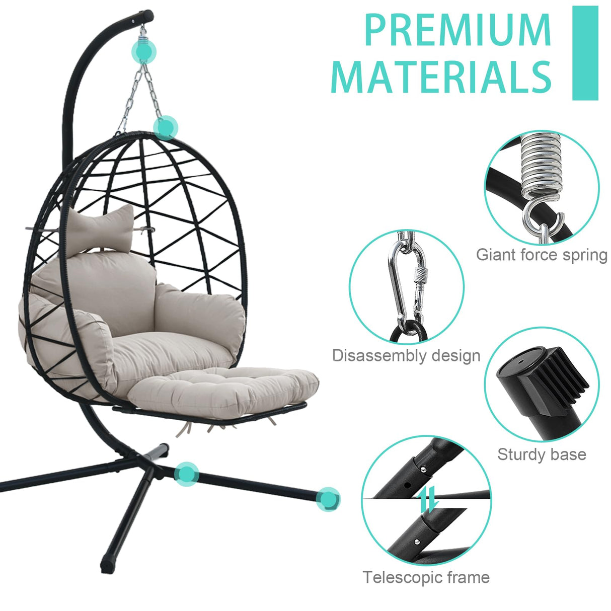 Jadoxy Hanging Egg Chair with Leg Rest, Indoor/Outdoor Swing Egg Chair Hammock Basket Seat Chair with Cushion for Porch Balcony Garden Patio (Ribbon+Rattan, Black+Grey White) Jadoxy