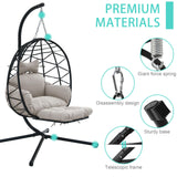 Jadoxy Hanging Egg Chair with Leg Rest, Indoor/Outdoor Swing Egg Chair Hammock Basket Seat Chair with Cushion for Porch Balcony Garden Patio (Ribbon+Rattan, Black+Grey White) Jadoxy