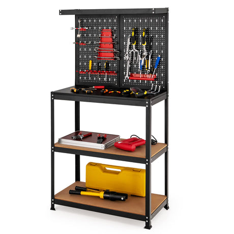 S AFSTAR Work Benches for Garage, 31.5 x 16 Inches Wood Garage Workbench w/Peg Board & 2 Lower Shelves, 14 Hanging Accessories, 220 lbs Load, Heavy-Duty Steel Workbench for Garage Workshop Warehouse S AFSTAR