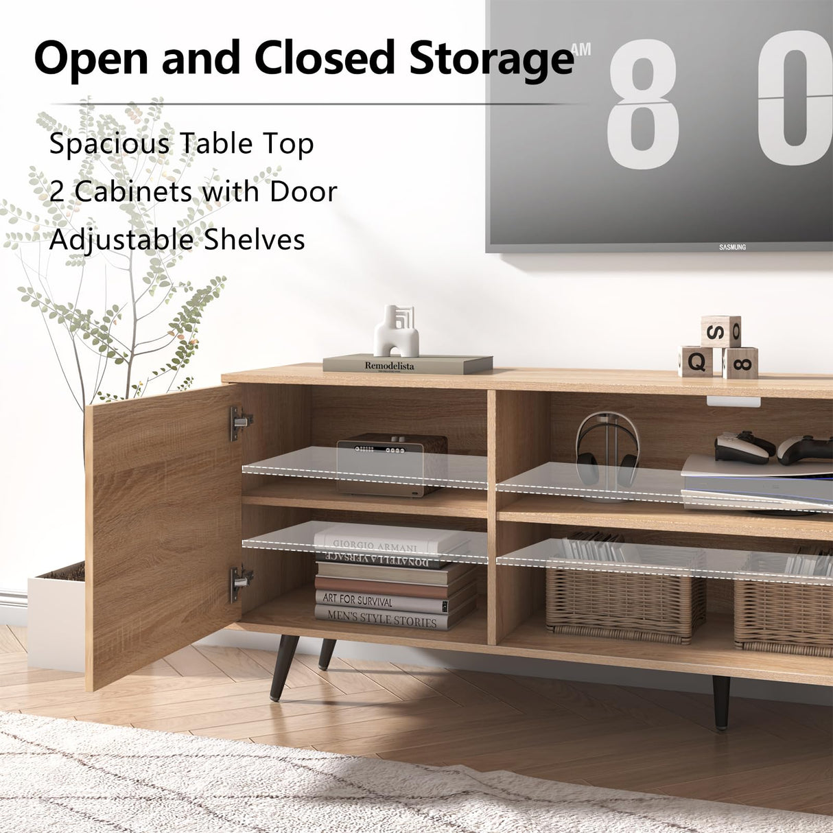 AUXSOUL 70 Inch Mid Century Modern TV Stand for 75 Inch TV, Wood TV Stand with Storage, Entertainment Center for Living Room Bedroom, TV Media Console, Oak AUXSOUL