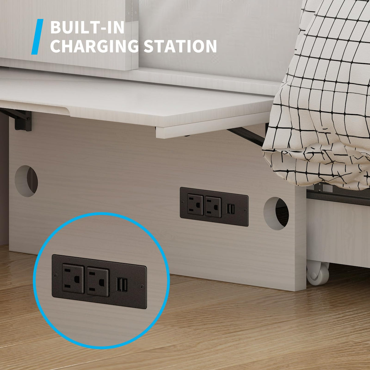 Mjkone Queen Murphy Bed, Cabinet Bed with Tri-fold Mattress/Built-in USB Charging Station/Drawers/Bedside Panel, Space Saving Hidden Adult Guest Beds, Murphy Chest Cabinet Beds for Bedroom - White Mjkone