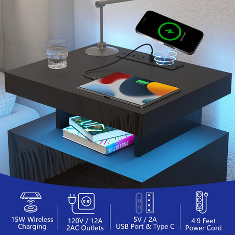 HOMMPA LED Nightstand with Wireless Charging Station & USB Ports, Modern Bedside Table, Black Night Stand with Open Compartment, Smart Nightstand High Gloss Surface for Bedroom HOMMPA