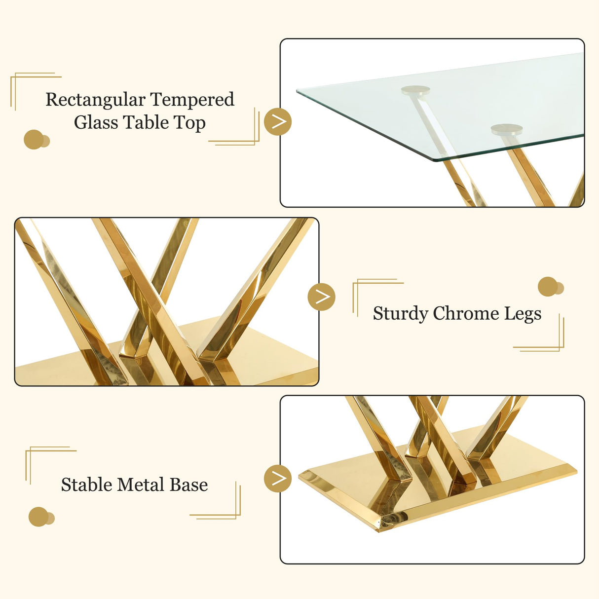 HAIZAO Modern Glass Dining Table Set for 6, 63'' Rectangular Tempered Tabletop with Aesthetic V Shape Gold Metal Base & 6 Beige Gold Woven Dining Chairs, 7 Piece Luxury Dining Table Set HAIZAO