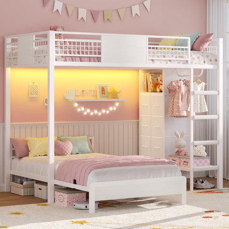 ADORNEVE Bunk Bed Twin Over Twin Size with 8 Storage Drawers, Twin Bunk Beds with Led Lights & Storage Shelves, Metal Loft Bed with 13.4" H Safety Guardrail & Ladder, for Kids & Teens, White ADORNEVE