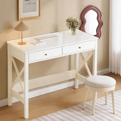 PATIOHIT White Writing Desk with Drawers for Study Home Office 40 inch Simple Desks for Bedroom Modern Makeup Vanity Console Table with Storage - WoodArtSupply