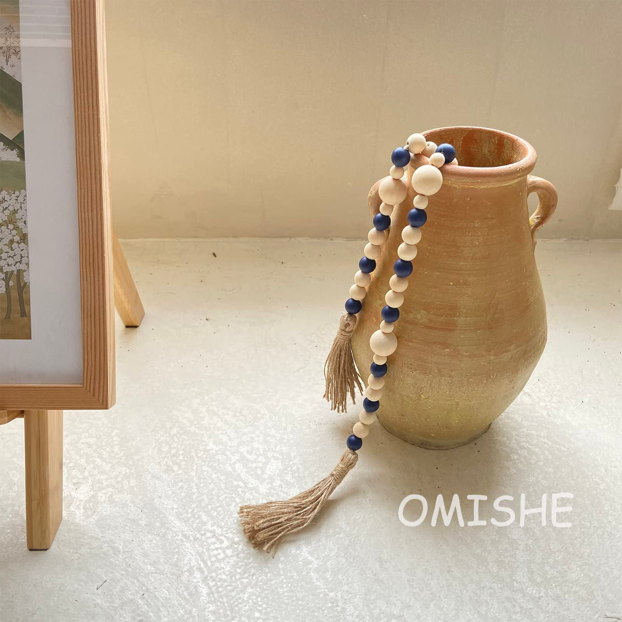 OMISHE Wood Bead Garland with Tassels 61 Inches, Wooden Beads Garland, Boho Home Decor, Decorative Beads Garland Decor, Farmhouse Beads Garland for Tiered Tray Decor Navy Blue OMISHE