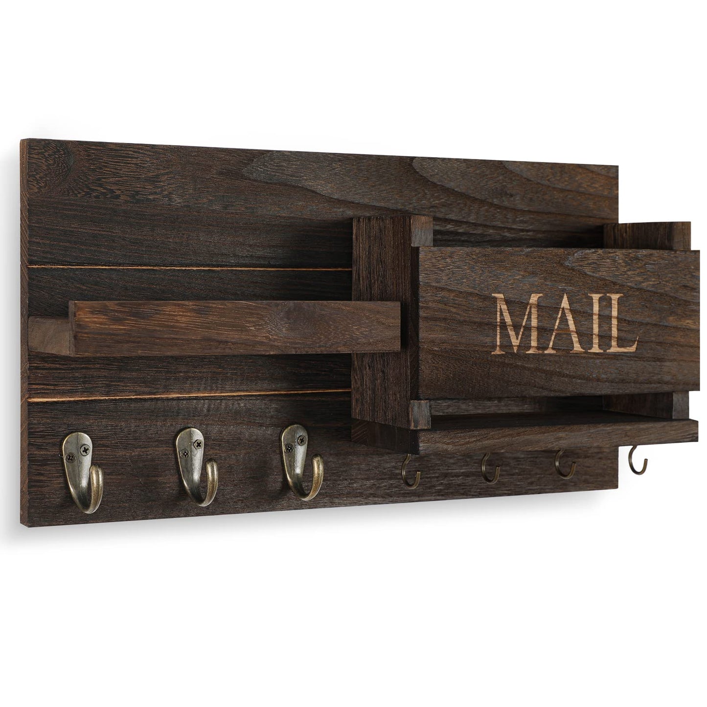 Lwenki Mail Organizer for Wall Mount – Key Holder with Shelf Includes Letter Holder and Hooks for Hallway Farmhouse Decor – Rustic Wood with Flush Mounting Hardware (16.5” x 9.1” x 3.4”) (Brown)