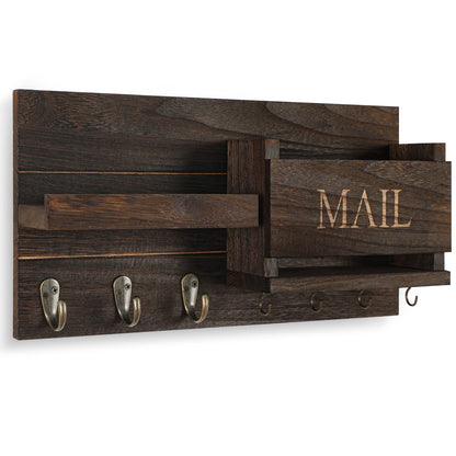 Lwenki Mail Organizer for Wall Mount – Key Holder with Shelf Includes Letter Holder and Hooks for Hallway Farmhouse Decor – Rustic Wood with Flush Mounting Hardware (16.5” x 9.1” x 3.4”) (Brown)