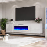AMERLIFE Floating Fireplace TV Stand, Wall Mounted Mirrored Entertainment Center with 40" Electric Fireplace, Modern LED Lights Media Console for TVs Up to 90", All White AMERLIFE