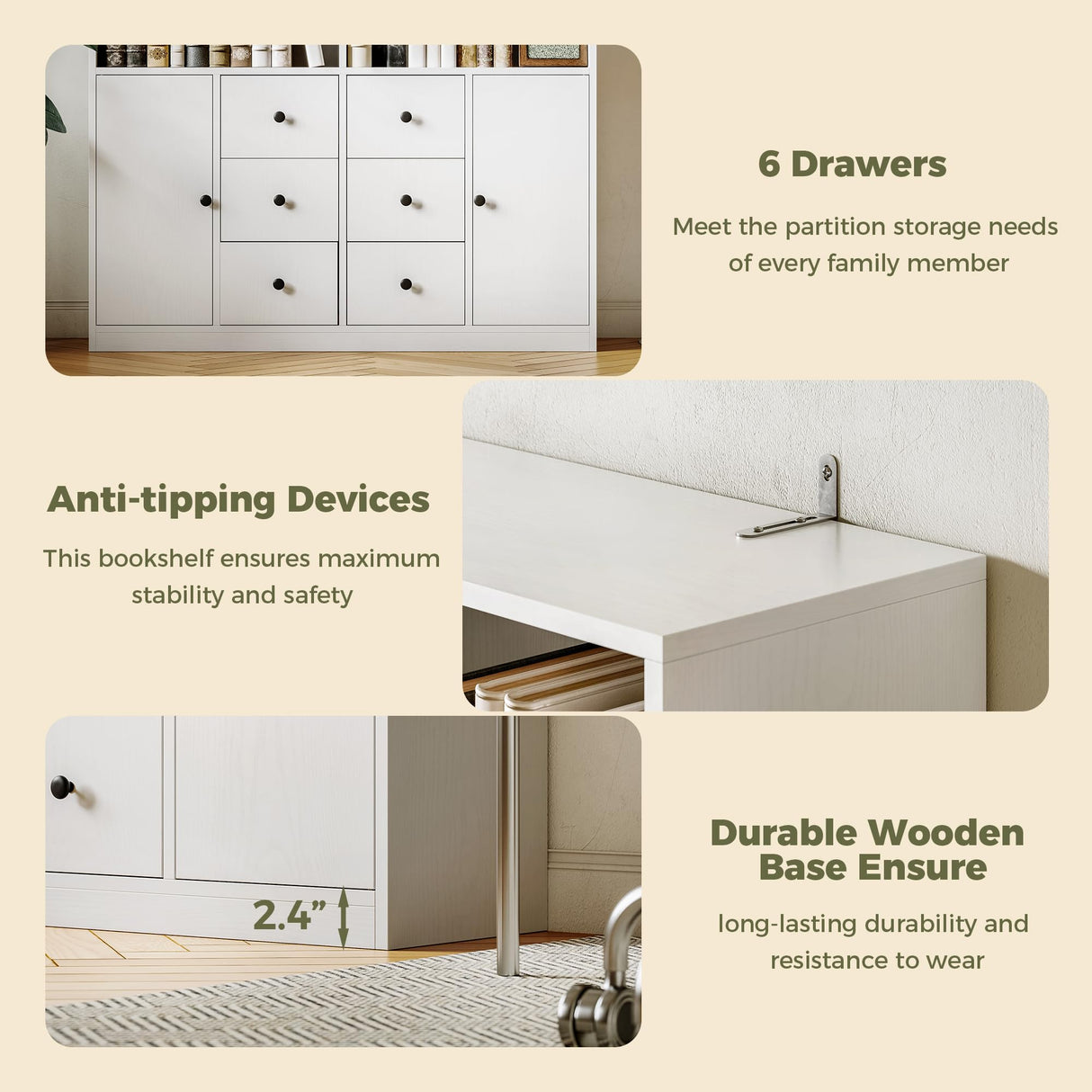 IRONCK 78.7" Bookcase with 6 Drawers, 6 Tier Large Bookshelf with 2 Doors, Large Bookcase with Adjustable Shelves, Tall Storage Cabinet for Home Office, Living Room, White IRONCK