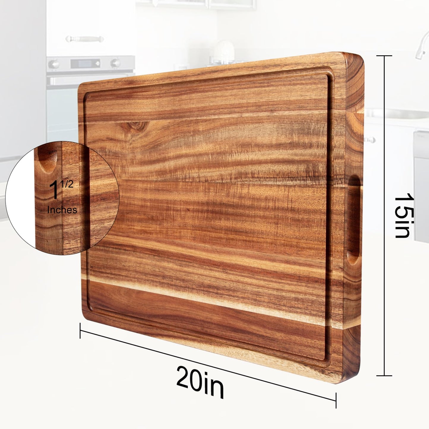 20 Inch Large Acacia Wood Cutting Board 1.5" Thick, Reversible Wooden Cutting Board for Kitchen, Charcuterie Board Cheese Board with Deep Groove, - WoodArtSupply