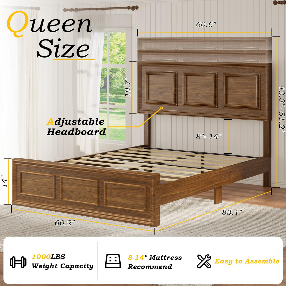 Incyneva Farmhouse Platform Queen Bed Frame Wood with Adjustable Headboard, LED Light and Charging Station, No Box Spring Needed, Noise Free, Geometric Design & Vintage Brown Incyneva