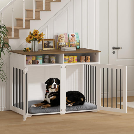 41 inch Dog Crate Furniture, Farmhouse Dog Kennel Indoor with Divider & Shelf Storage, Wooden Indoor Dog Crate for 2 Dogs, Decorative Pet Crate End Table for Large Dogs, White REVOMINCA