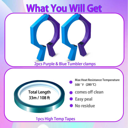 Pinching Tool for Sublimation Tumblers, Pinch Perfect Clamp Grip for 20 23 30 Cup, Pincher for Wrapping Heat Press Paper Cinch Tools, Sub Blanks Tumblers Accessories Holder (Purple Blue2 Pack)