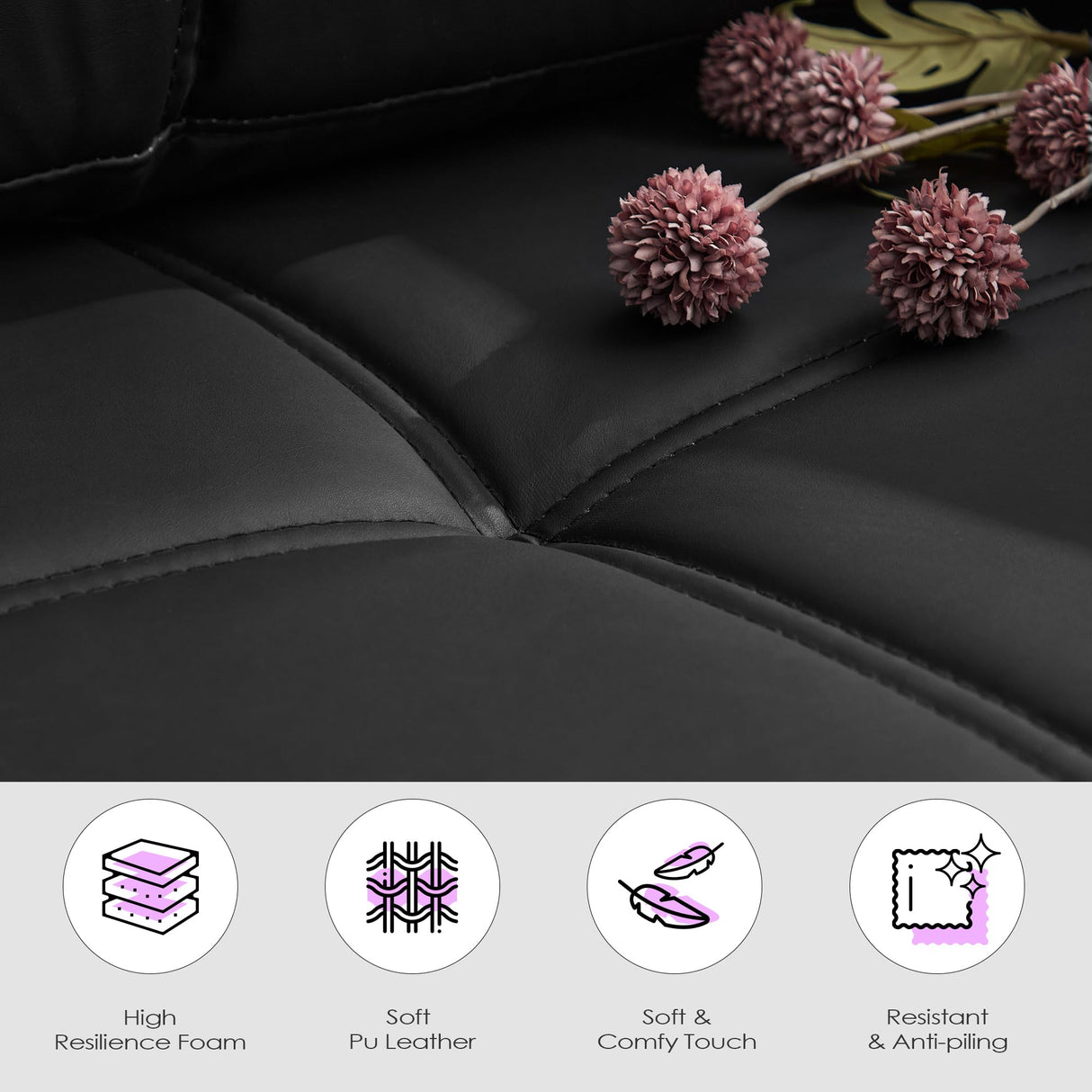 TYBOATLE Black Faux Leather Sofa Couch Sectional Couches for Living Room, 3 Piece Living Room Set Furniture Comfy Modular Convertible Sofas with Ottoman, Home Office Sofa Set TYBOATLE