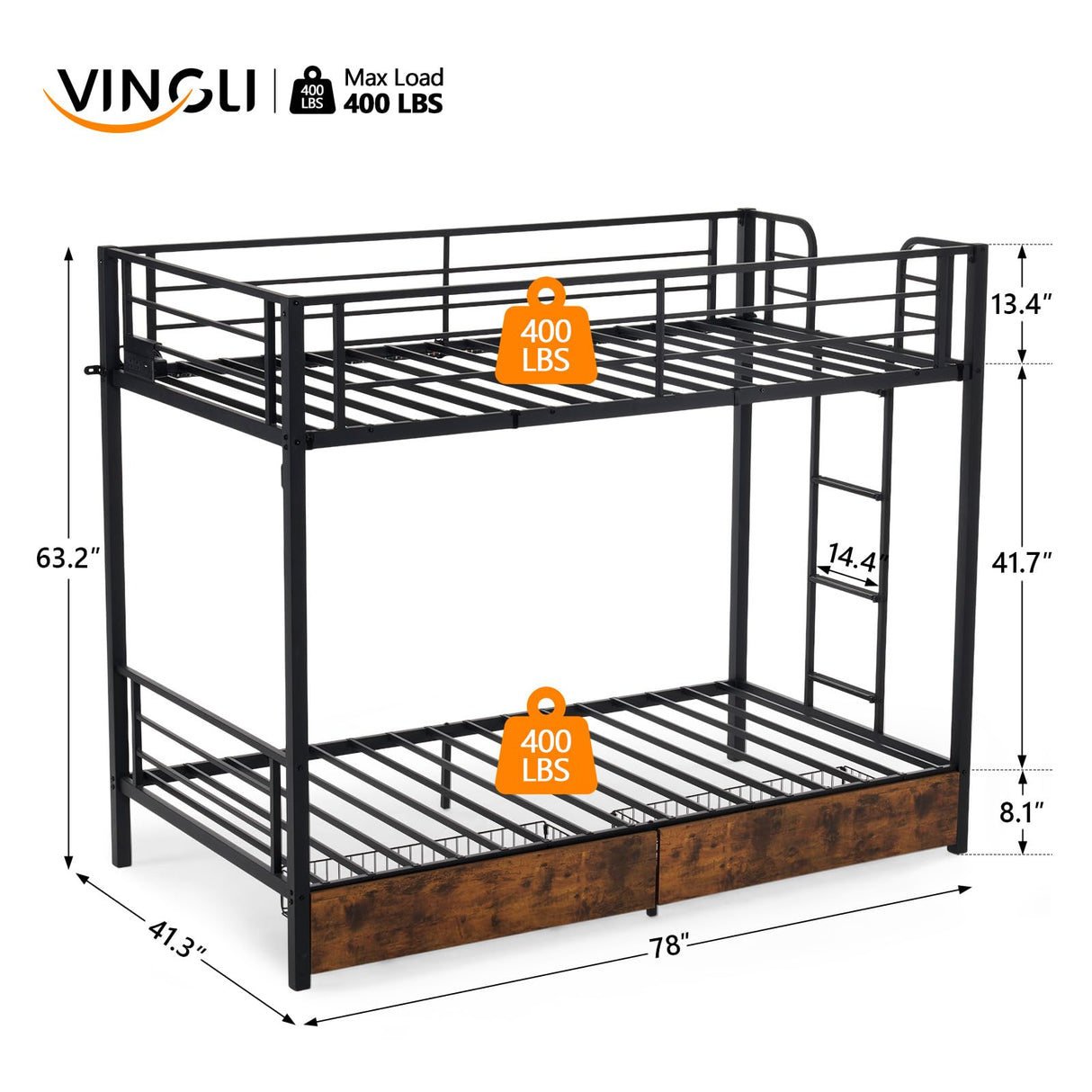 VINGLI Metal Bunk Bed Frame Twin Over Twin with 2 Drawers, LED Lights, Non-Slip Ladder, Full Length Guardrail, Charging Station, for Kids, Teens & Adults, Space-Saving, No Box Spring Needed, Black VINGLI