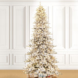 Glitzhome 11ft Pre-Lit Flocked Slim Fir Artificial Christmas Tree, Large Xmas Tree with 950 Warm White Lights for Holiday Decorations Glitzhome
