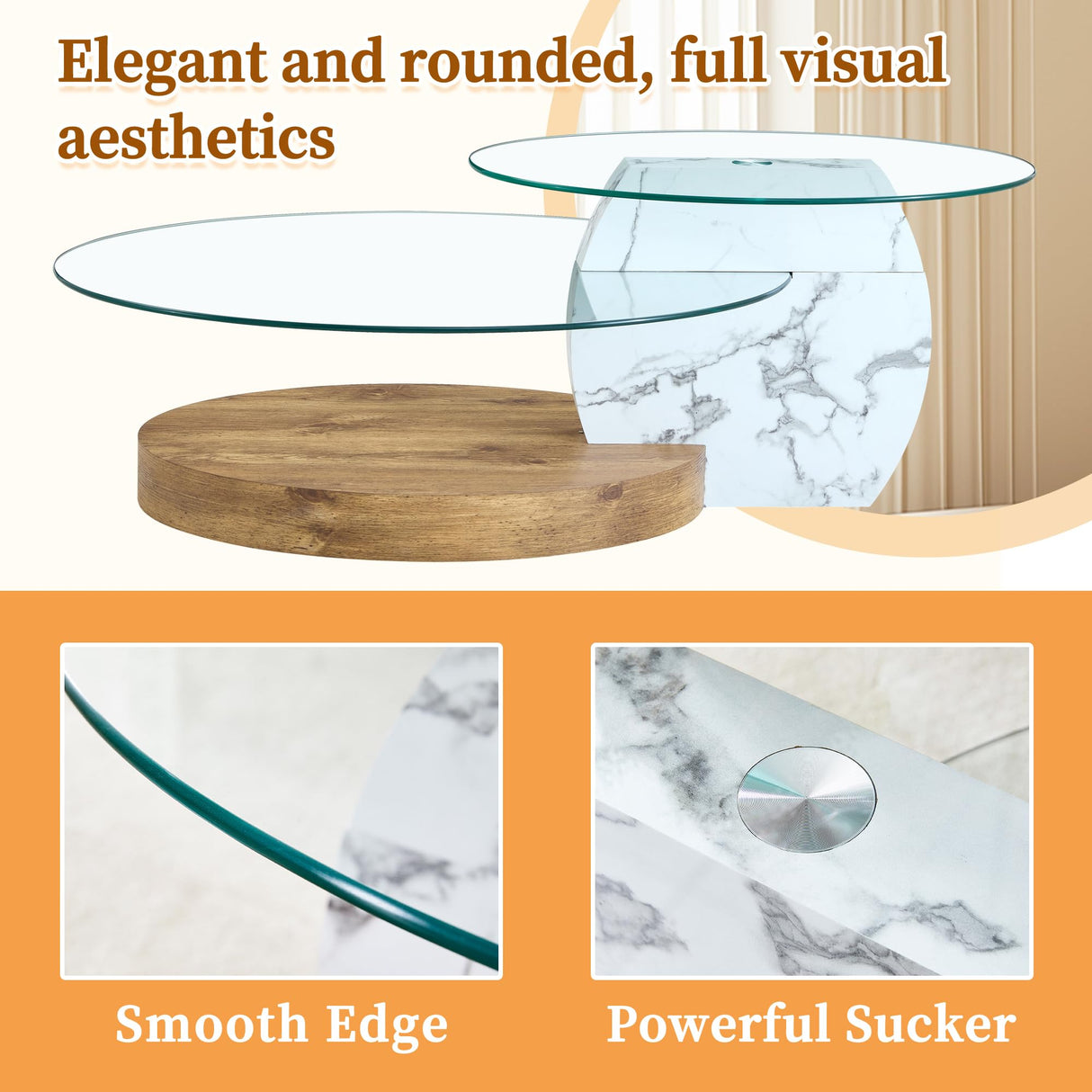 Ebullient Glass Coffee Table, 47" Oval Coffee Table, 2-Tier Glass Tabletop with Wood Base, Easy to Maintain and Assemble, Ideal for Dining Room, Living Room Ebullient