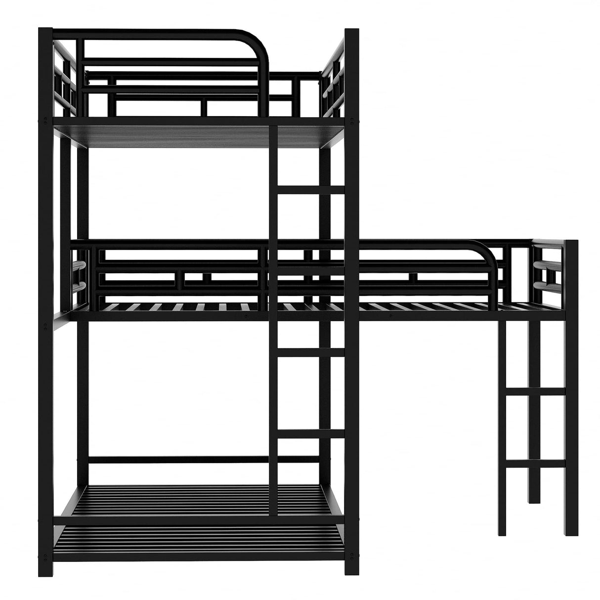 Metal Triple Bunk Bed Twin Size, L-Shaped Metal Triple Bunk Bed Frame, 3 Beds Bunk Bed for Kids Teens Adults - Black Merax