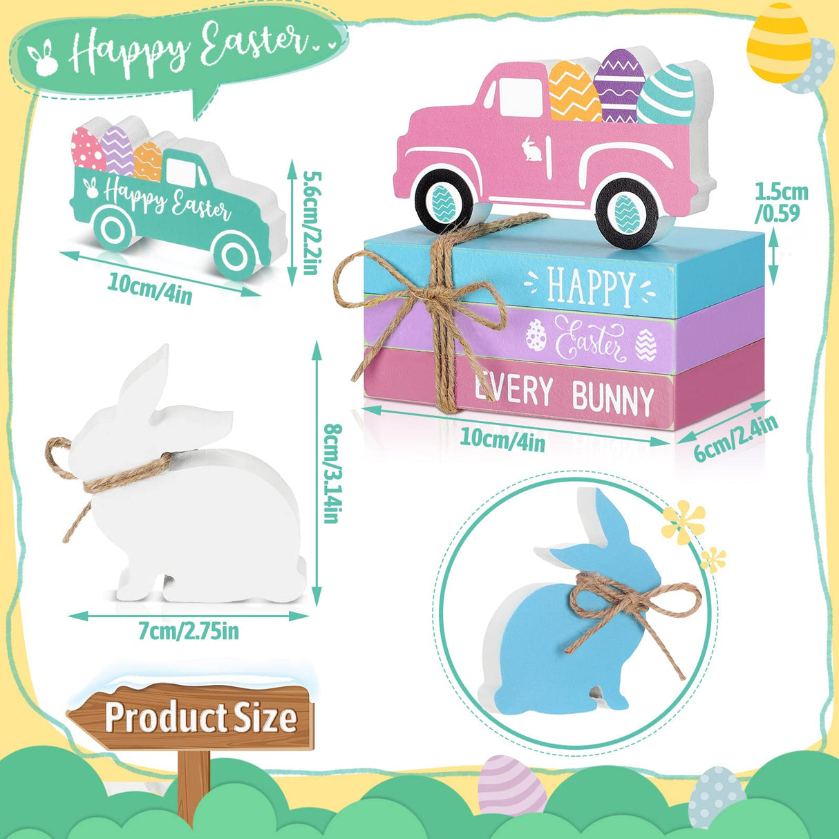 5 Pieces Easter Tiered Tray Decor Easter Farmhouse Wood Decor 3 Faux Books Bundle with Twine Easter Truck Sign and Wood Rabbit Sign Bunny Egg Spring Wooden Sign Tiered Tray for Easter Decor (Bunny) Blulu