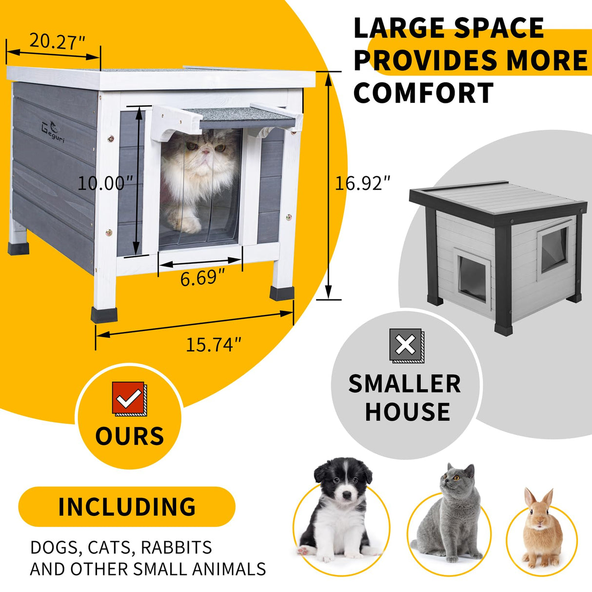 GEGURI Outdoor Cat House, Weatherproof Shelter for Ferrel Cats, Dogs, Rabbits Hutch with Elevated Floor, Asphalt Roof GEGURI