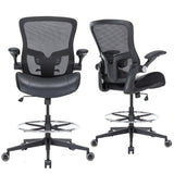 HOMIFYCO Drafting Chair, Tall Office Chair with Flip-up Armrests, Standing Desk Chair Counter Height Office Chairs with Footrest and Adjustable Lumbar Support Black HOMIFYCO