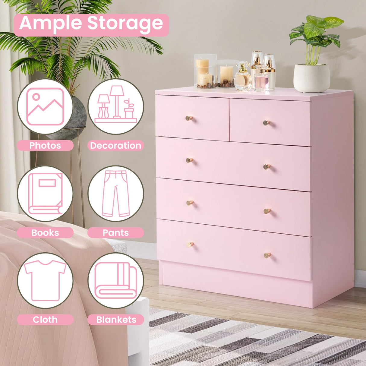 Karl home Pink 5 Drawer Dresser for Bedroom, Modern Wood Dresser Chest of Drawers, Pink Bedroom Dressers for Girls, Anti-Tipping Device, Rose Gold Metal Handle, Living Room, Entryway, Hallway, Office Karl home