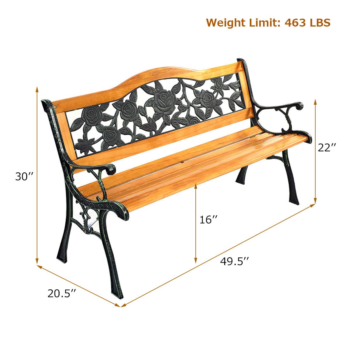 Giantex 50 Inch Patio Bench, Outdoor Furniture Rose Cast Iron Hardwood Frame Porch Loveseat, Weather Proof Porch Path Chair for 2 Person Outside Bench Giantex